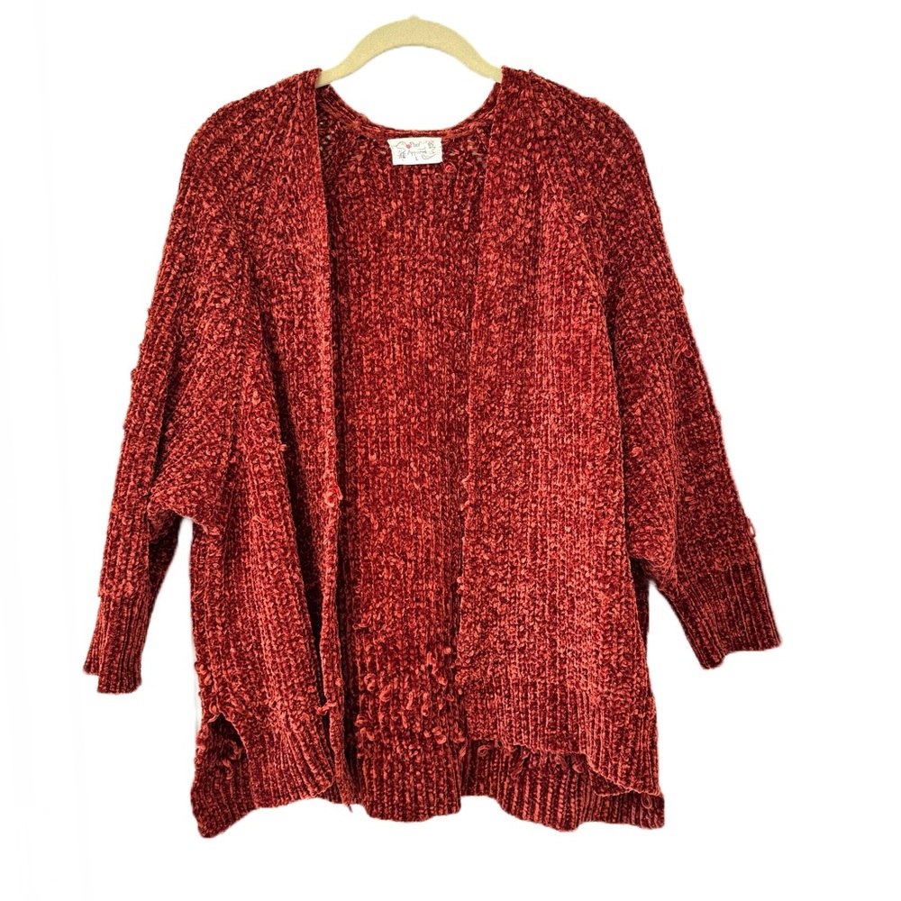 Poof Apparel Distressed Open Front Chenille 3/4 Sleeve Cardigan Rust Size L